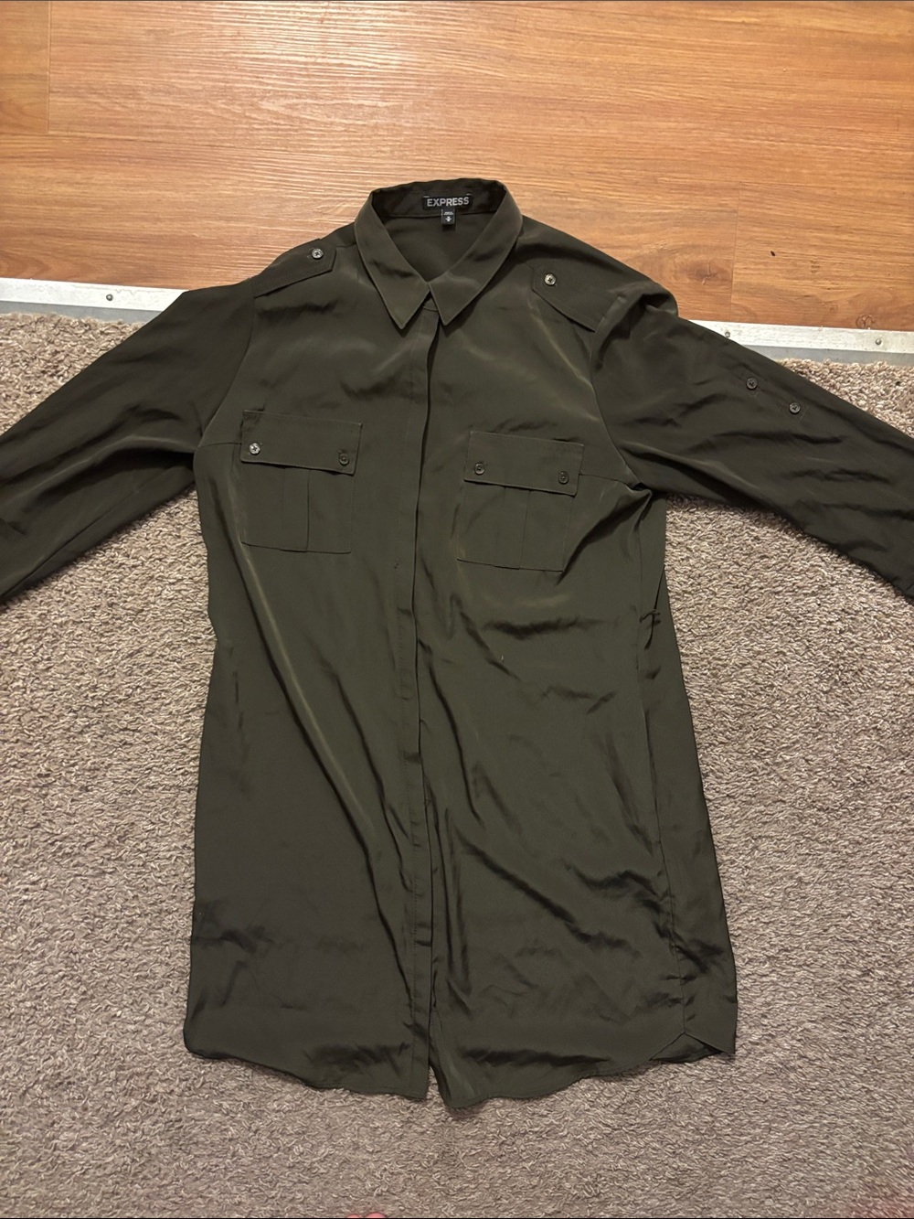 Express Woman Md Olive Utility Button-Down Shirt/Dress Long Sleeve Military Feel